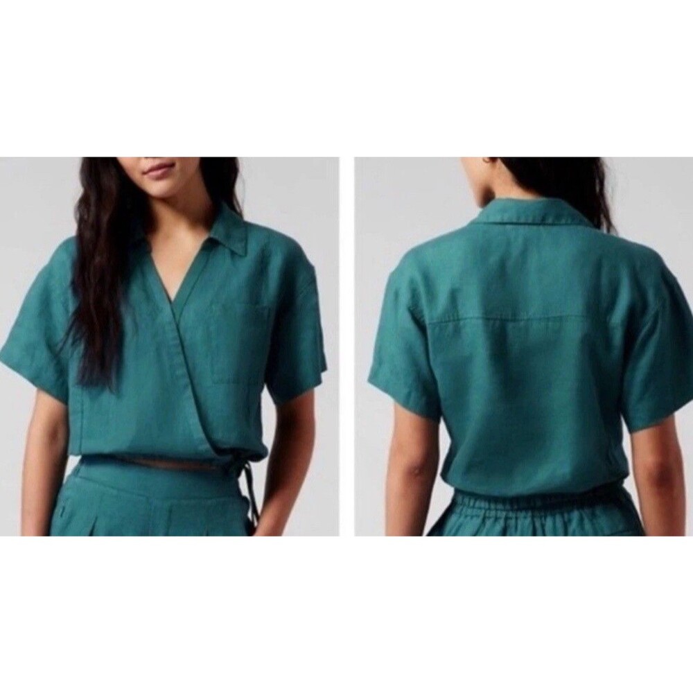 New Athleta 100% Linen Playa Tie Top Size Medium wrap shirt teal Borealis Green - Picture 2 of 12